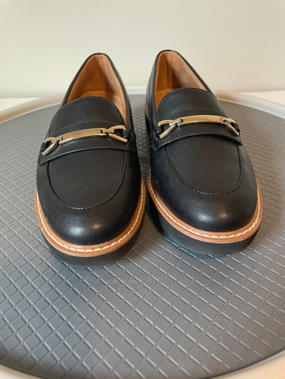 Naturalizer Black Leather Loafers with Gold Bit and Tan Welt